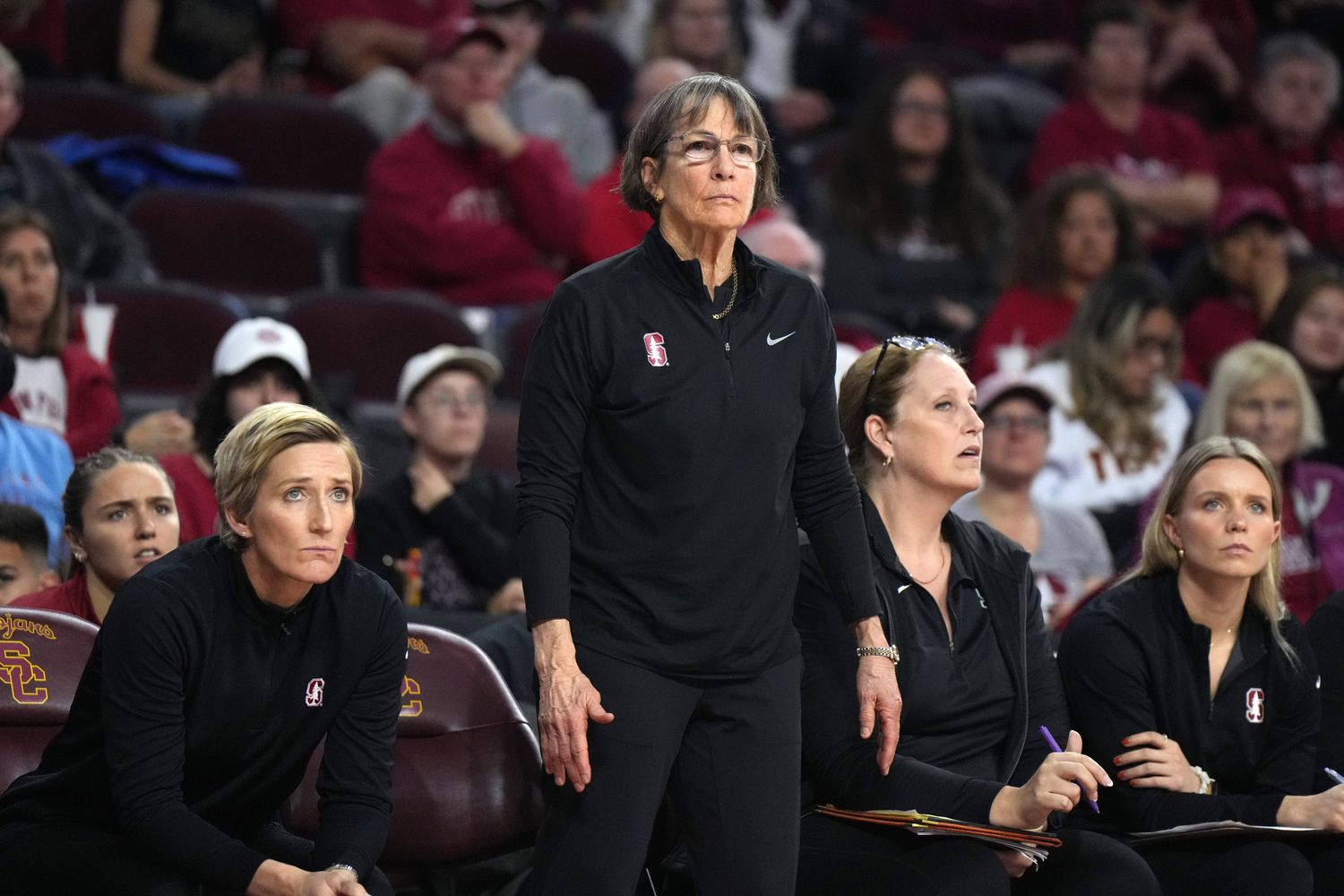 Jan 15, 2023; Los Angeles, California, USA; Stanford Cardinal coach Tara VanDerveer reacts in the second half against the Southern California Trojans at Galen Center. USC defeated Stanford 55-46. Mandatory Credit: Kirby Lee-USA TODAY Sports